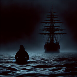 The ship sails at night. There is one person standing on it. And...