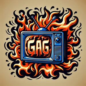 Tube TV with the word “GAG” on the screen on fire cartoon logo