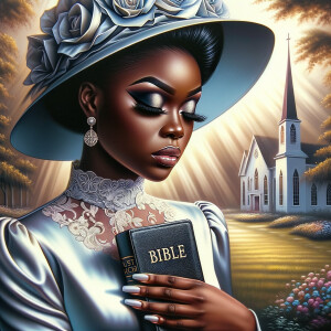 Render an airbrush oil painting of an African American woman with flawless makeup in a
contemplative pose, holding a Bible close to her heart, dressed in an elegant Sunday Best
outfit with a distinctive Church Hat. The background features a peaceful church garden,
with light filtering through the trees, highlighting her spiritual connection and the personal
moment of reflection. The artwork should capture the tranquility of the scene, the beauty
of her attire, and the depth of her contemplation, reflecting a serene and spiritually