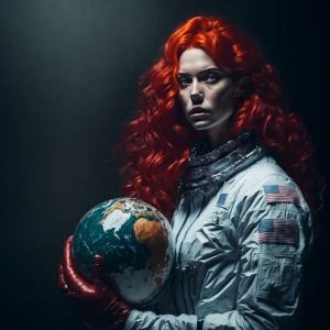 a beautiful woman with red hair wearing an astronaut suit and ho...