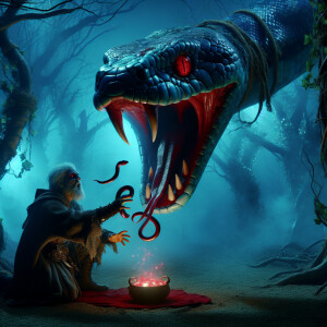 A dark sorcerer, clad in tattered robes, casts a spell to feed a...