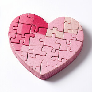 A pink wooden puzzle shaped like a heart with interlocking piece...