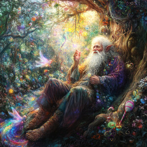 An old man with a kind, wrinkled face and a long, flowing white...