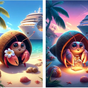 Create a charming cartoon image of a female red hermit crab, coc...
