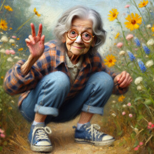 Whimsical grandma grey hair and glasses in jeans and sneakers an...