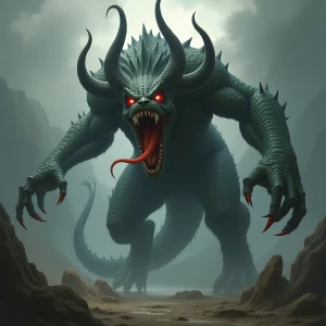 Design a terrifying and original mythical creature with elements from various mythologies, featuring sharp fangs, piercing eyes, and a serpentine body, set in a haunting landscape.