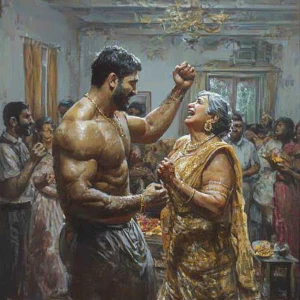 A realism-style painting depicting a muscular, sweat-glistened m...