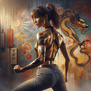 Athletic Thin skinny Attractive, Asian teenage girl, long brown hair and bangs, wearing tight skinny jeans and a halter top paint marks on her clothing, heroic pose Asian graffiti background, backside view