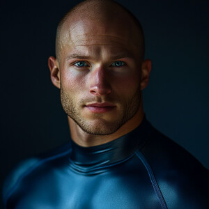 Create a dramatic brightly lit muscular body childless man portr...