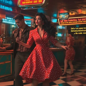 “A vibrant mid-century dance hall scene captured with a Canon EOS R5 and a 50mm f/1.2 lens. the image is focused on Dahlia Valentina fit tall supple well endowed tanned Italian American model (DahliaValentina_ai) stands in the center of a 1950s rockabilly dance, spinning in a bright red polka-dot dress with a fitted bodice and a flared skirt that lifts as she twirls. Her long wavy black hair is tied up with a matching headscarf, and she wears classic cat-eye eyeliner with a bold red lip. She dances with a charming partner dressed in a leather jacket and cuffed jeans, both caught mid-motion in a lively jitterbug step. The neon signs glow behind them, casting warm reflections on the checkered dance floor. The energy of the crowd, jukebox music, and the flickering of retro diner lights add to the nostalgic atmosphere. The composition follows dynamic angles, emphasizing movement and vintage allure.”