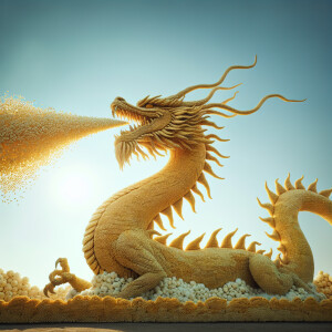 Create an image of a dragon sculpted entirely from golden corn k...