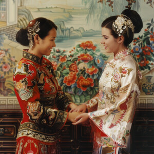 One woman from russia holding hands with one woman from china, b...