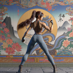 Athletic Thin skinny Attractive, Asian teenage girl, long brown hair and bangs, wearing tight skinny jeans and a halter top paint marks on her clothing, heroic pose Asian graffiti background, backside view