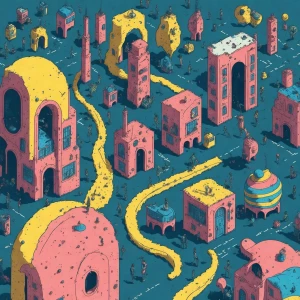 A high-angle colorful illustration of a surreal cartoon city cal...