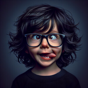 Create a whimsical description of a small boy with messy black h...