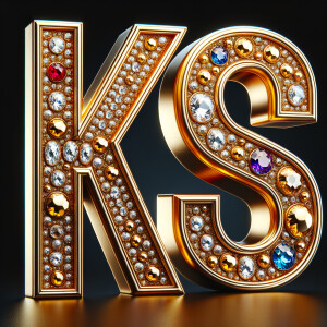 Create a 3-D realistic image with the letters  K.S. in gold raised letters , Add diamonds and colorful jewels