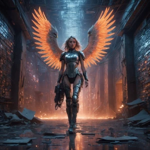 In a twilit, decrepit cityscape, an urban Athena strides forward...