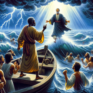 African-American Jesus telling Peter to come walk on the water,...