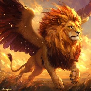 Design a creature named "Leagle" that exhibits a lion's muscular...