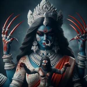 photograph of angry looking, gorgeous goddess kali, blue skinned carrying a weak mahishasur in her two arms and poking him with her amazingly long red fingernails. She is wearing a huge silver crown, red saree, abundant silver jewelry, covered in blood. The scene is set in ancient India. The image is 8K resolution, cinematic, ultra detailed face and epic.