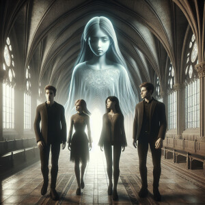 Two guys. Two girls. In full growth. They are standing in a hall...