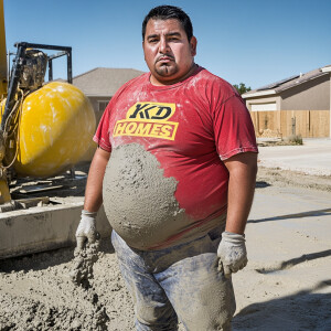 Miguel Santoro a Mexican Latino concrete mixer operator pouring...