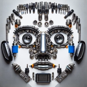 Generate an image of a human face assembled from car parts, with...