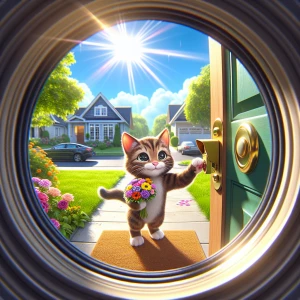 Create an image of a cute kitten standing outside a front door,...