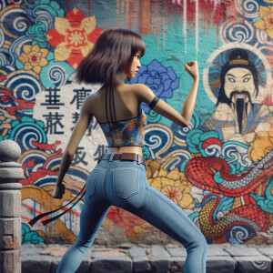 Athletic Thin skinny Attractive, Asian teenage girl, long brown hair and bangs, wearing tight skinny jeans and a halter top paint marks on her clothing, heroic pose Asian graffiti background, backside view