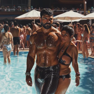 Photorealism,a muscular beefy criminal man walking with his swea...
