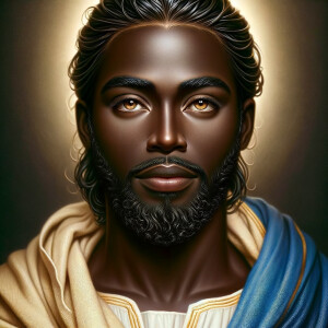 Create a beautiful African-American Jesus Christ with Hazel, brown eyes and blue and gold robe