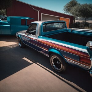Side view of aFront end of pickup truck, back end of a camaro