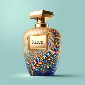 Create a 3-D realistic gold and blue, colorful jewels perfume b...
