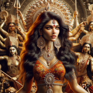 Portrait of gorgeous and angry goddess durga slaying mahishasur....