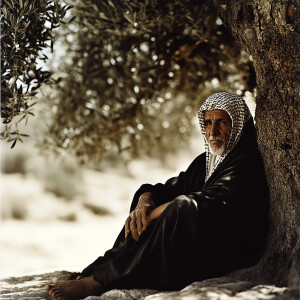 An arab elderly man sits under a large olive tree, wearing a tra...