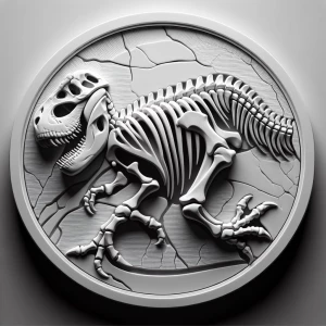 a grayscale bas relief of the sideview of a t-rex skeleton on a...