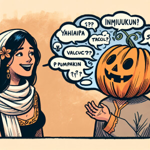 Dark haired Yahaira and her best friend the pumpkin headed man w...