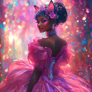 Describe the image featuring a person adorned in a brightly pink...