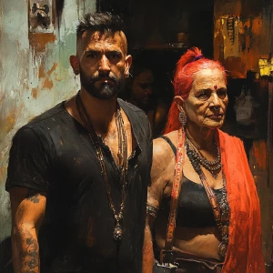 realistic art,a muscular, perspiring man accompanying his 50-yea...