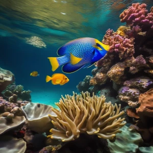 A vibrant tropical fish swimming past a coral reef.