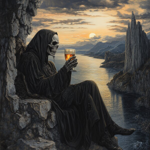 Reaper drinking a glass of scotch on the rocks enjoying the view...