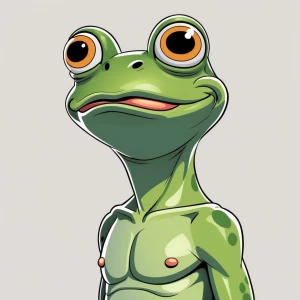 a green anthropomorphic frog with big, round bulging eyes, subtl...