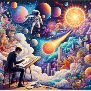 Create an image of "The Dreamer," an artist poised in front of a...