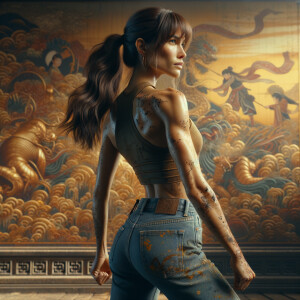 Athletic Thin skinny Attractive, Asian teenage girl, long brown hair and bangs, wearing tight skinny jeans and a halter top paint marks on her clothing, heroic pose Asian graffiti background, backside view