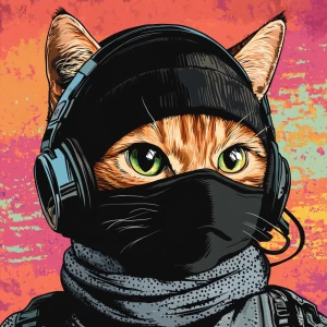 A wide-eyed ginger cat wearing a black tactical balaclava (or ma...