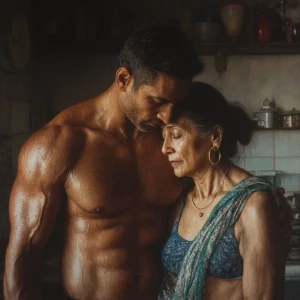 Hyperrealism painting.a muscular sweaty indian man standing be...