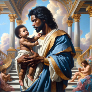 Classical oil painting style depicting an African-American Jesus...