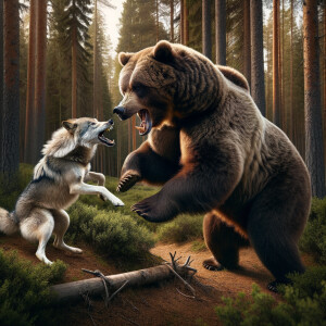 Bear attacking a wolf