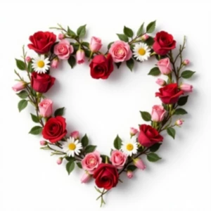 "A heart-shaped wreath made of roses, tulips, and daisies in red...