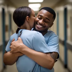 A nurse displaying compassion by giving a gentle hug to a male p...
